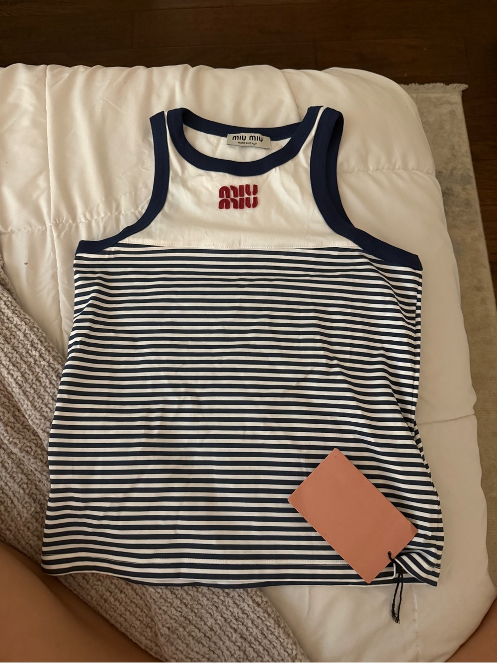 Miu Miu Navy & White Striped Tank with Red Logo
